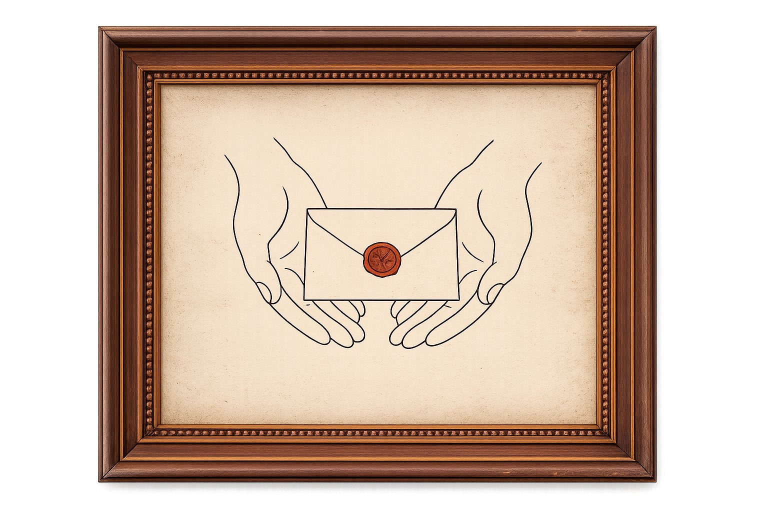Framed illustration of hands holding a sealed envelope
