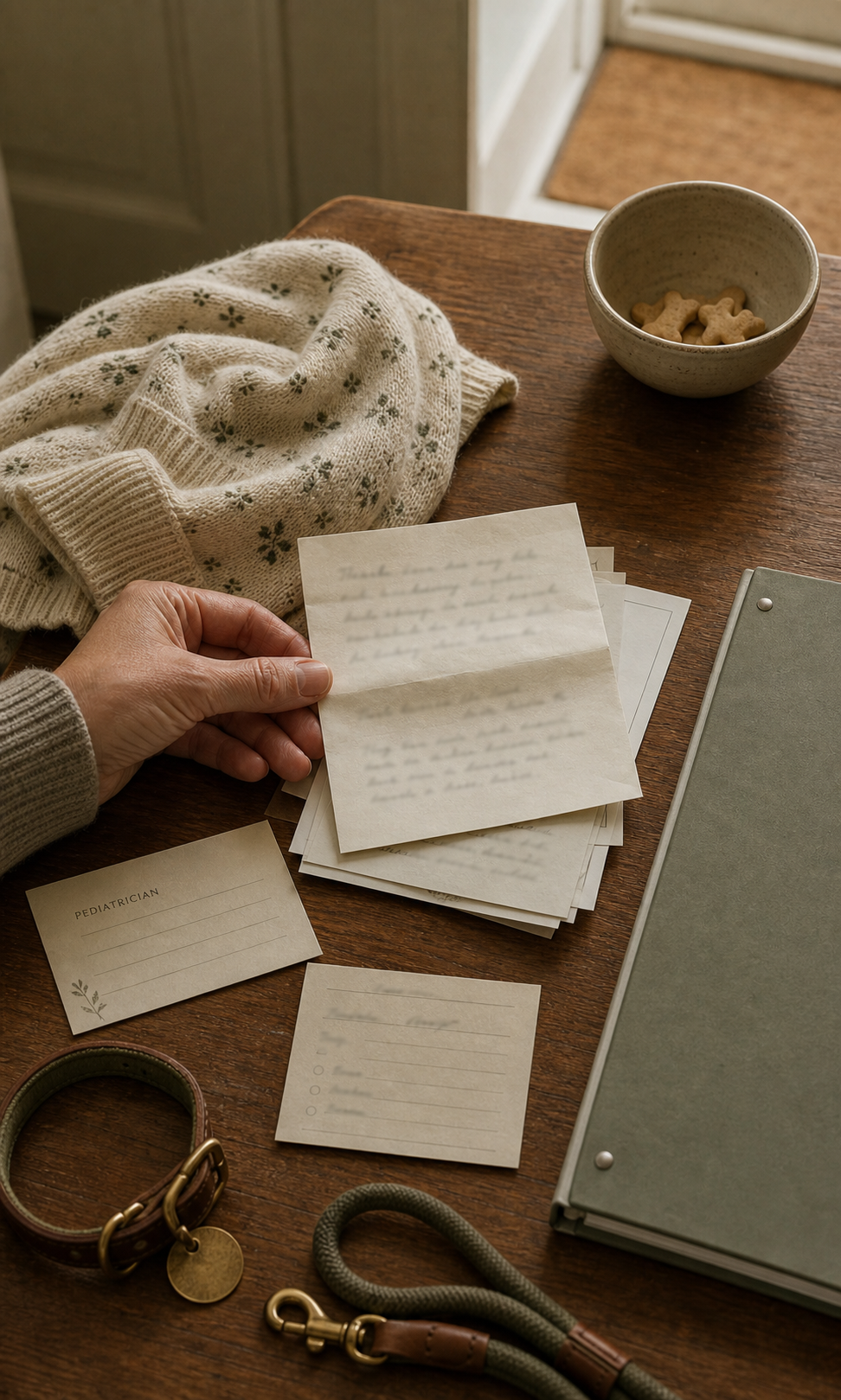 A small school card and a pediatrician note on a kitchen counter, beside a child’s drawing. The routines written down.