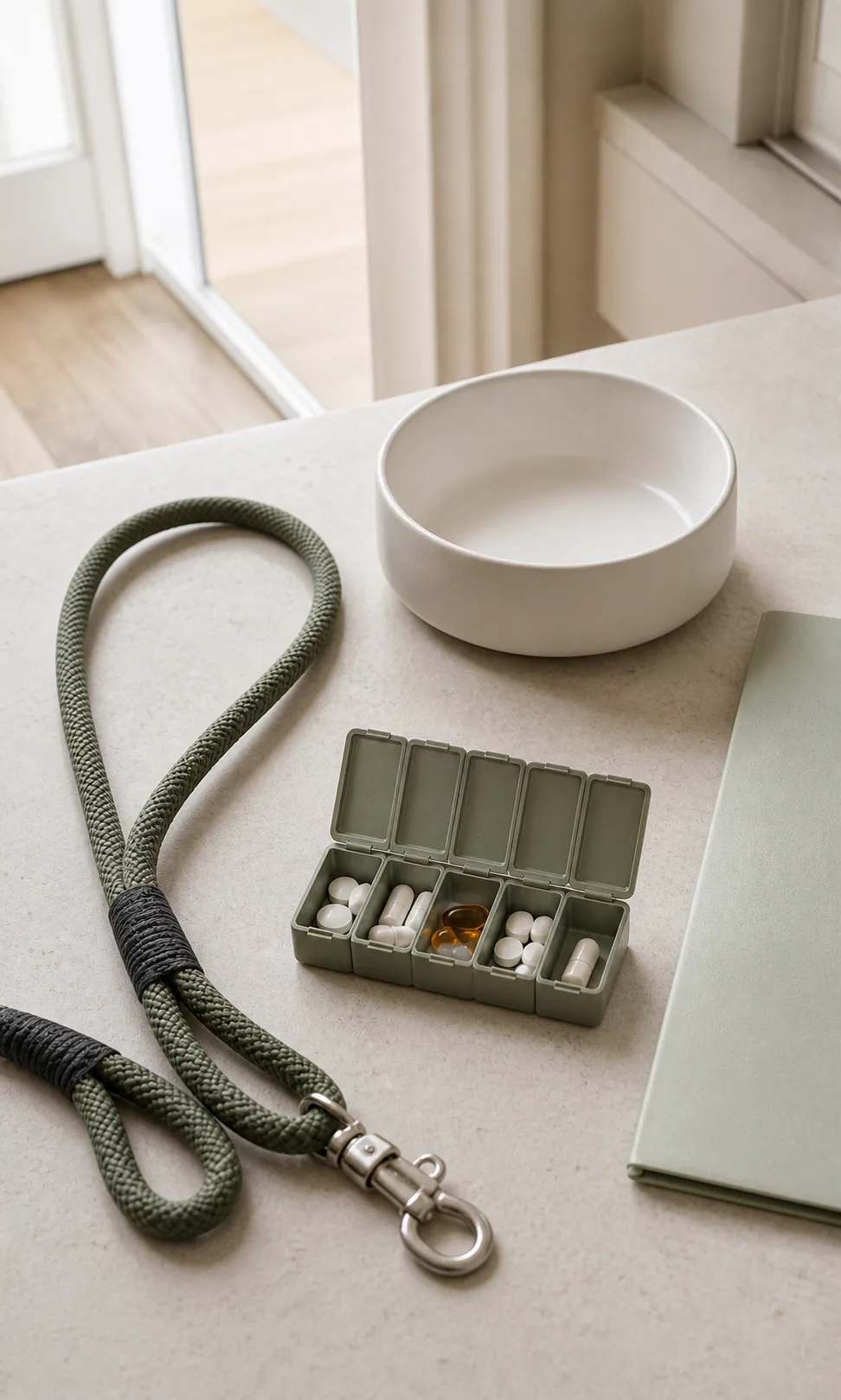 A sage dog leash, pet bowl, and medication organizer arranged for a caregiver.