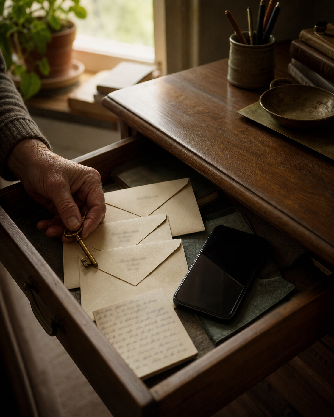 An open desk drawer with three small cream envelopes, a hand resting a brass key beside them, and a dark phone face-up on a green folder