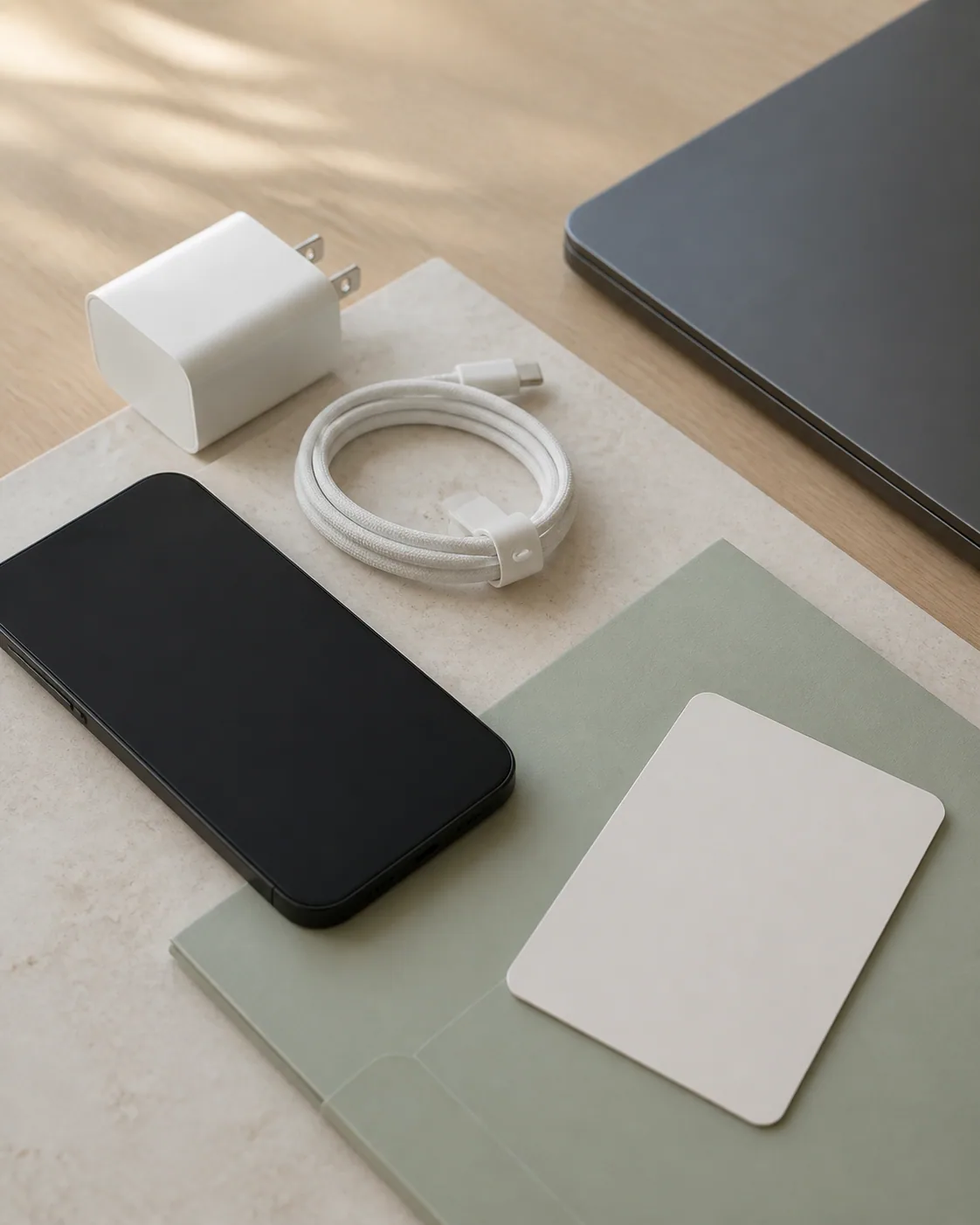 A dark-screen phone, current laptop edge, USB-C cable, charger, and blank reference card.