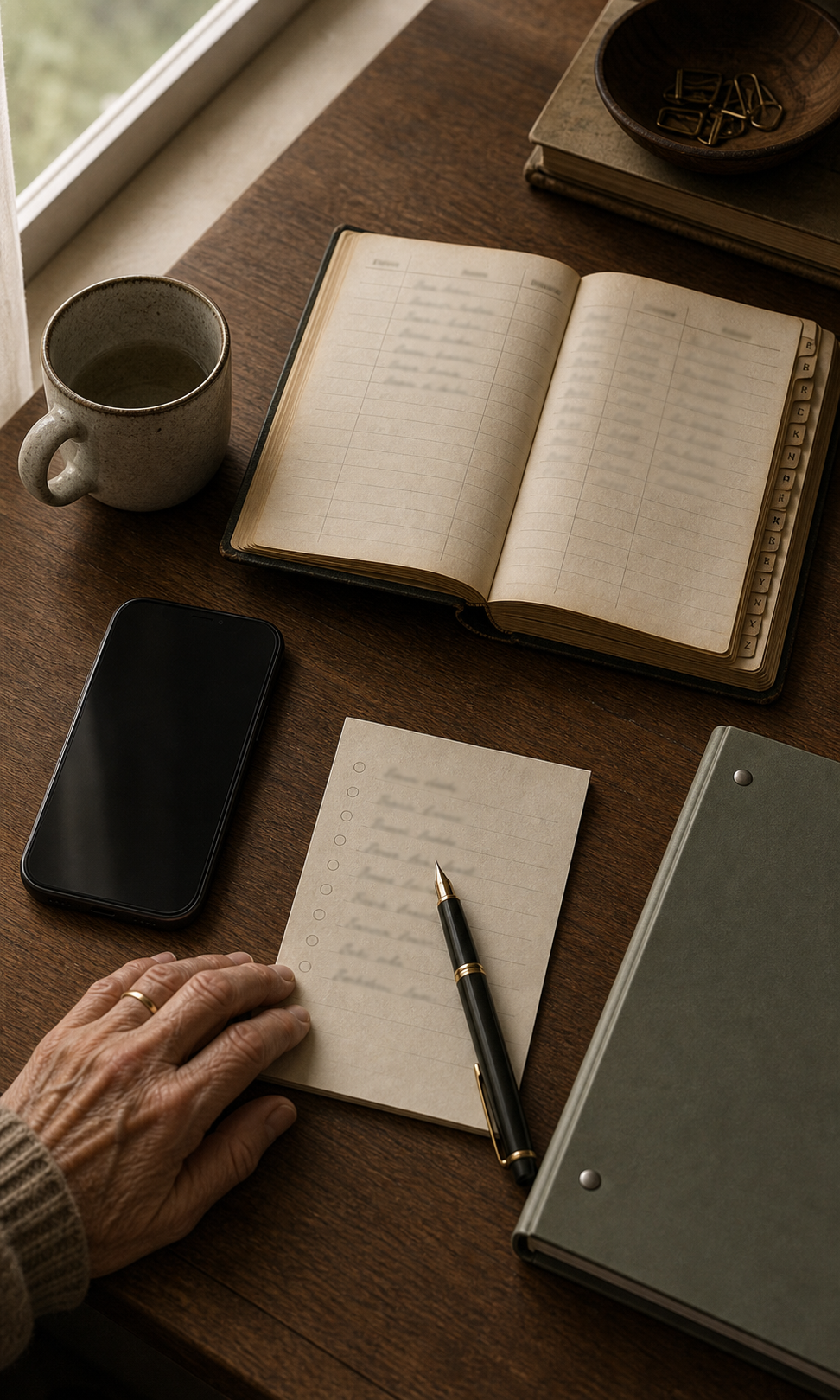 A handwritten contact list on a desk, beside a phone and a small note. The first calls written down.