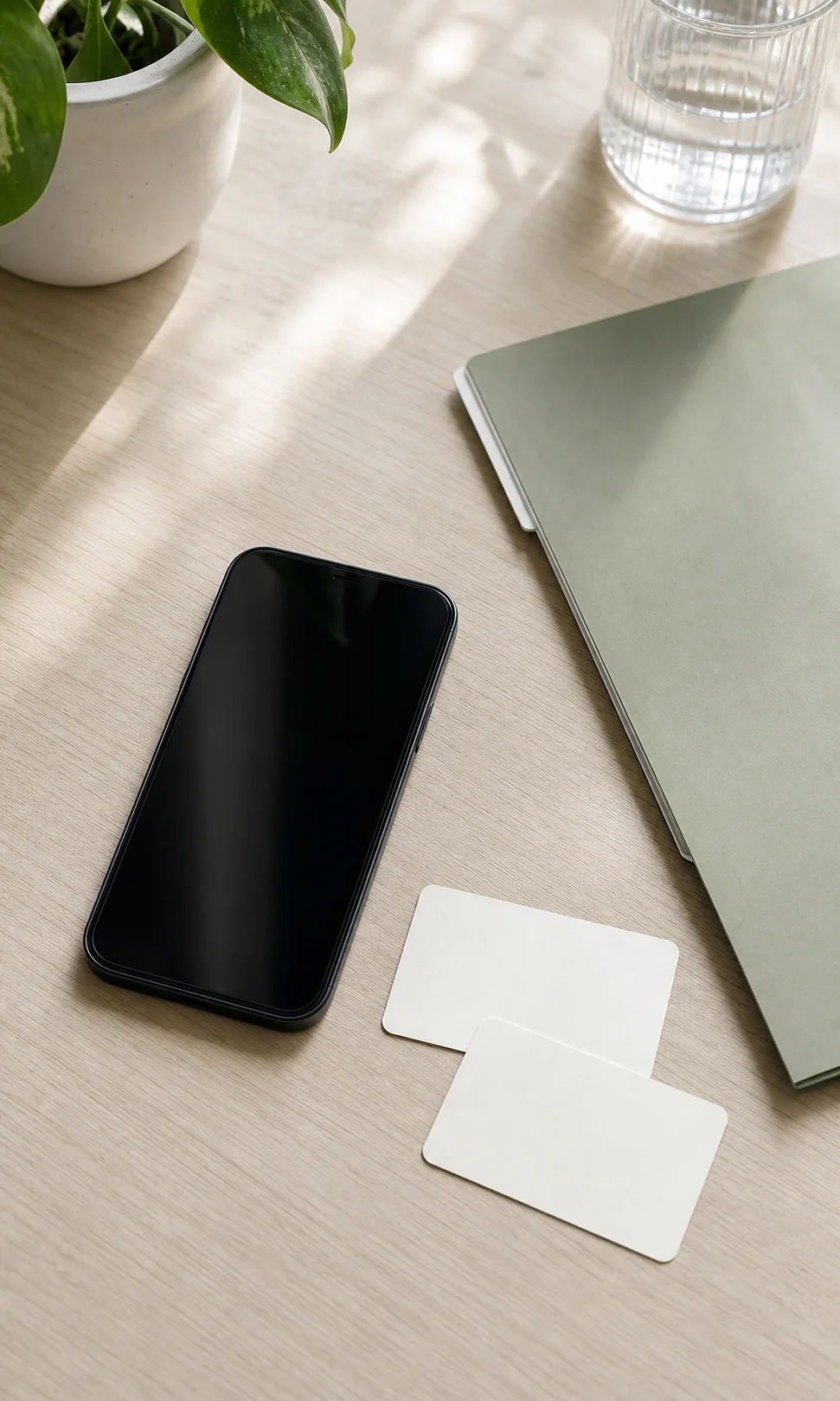 A dark-screen phone beside a short blank contact card and clean folder on a pale table.