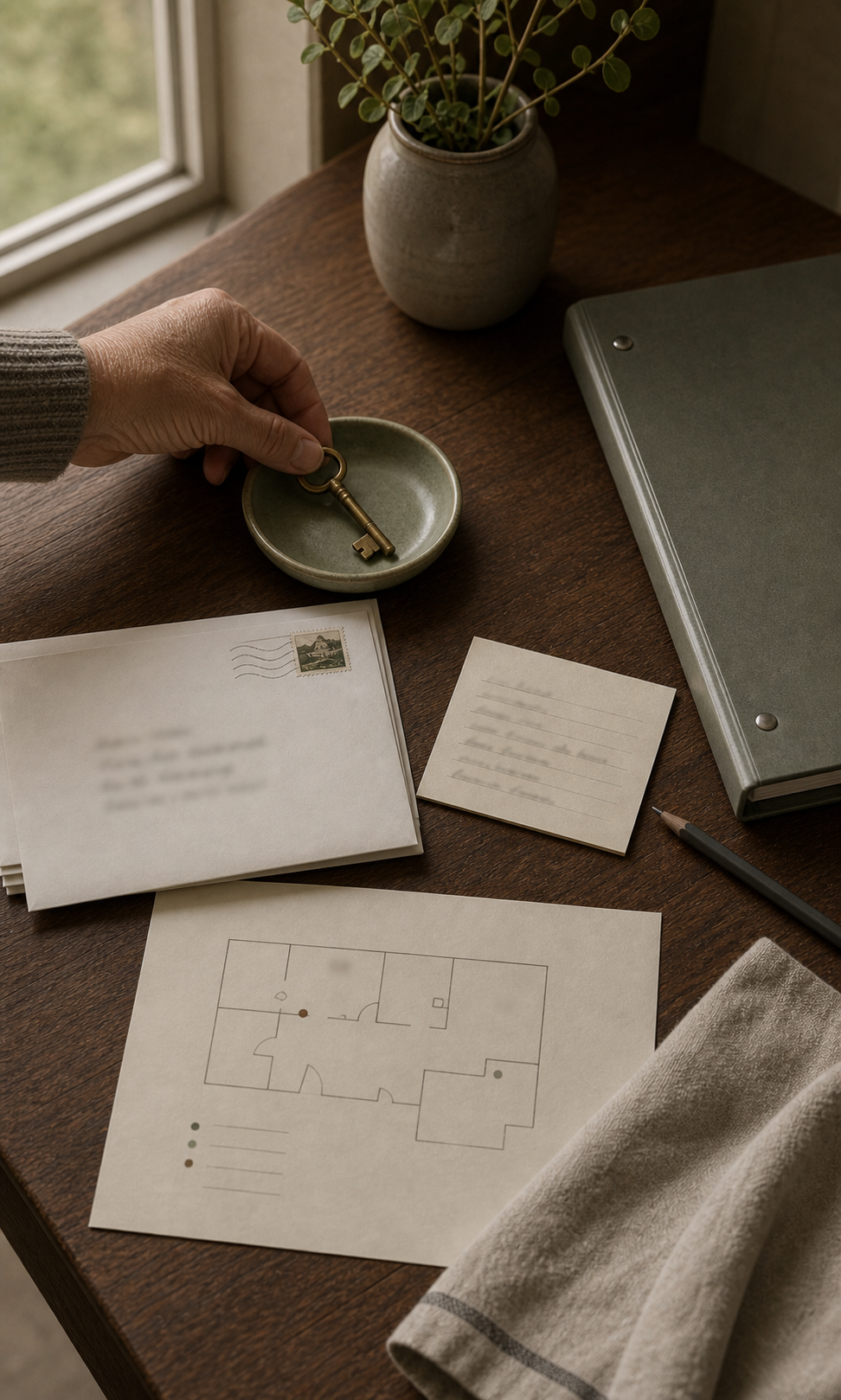A small ring of household keys, a folded note, and a square of paper showing an alarm code, on a wooden table.