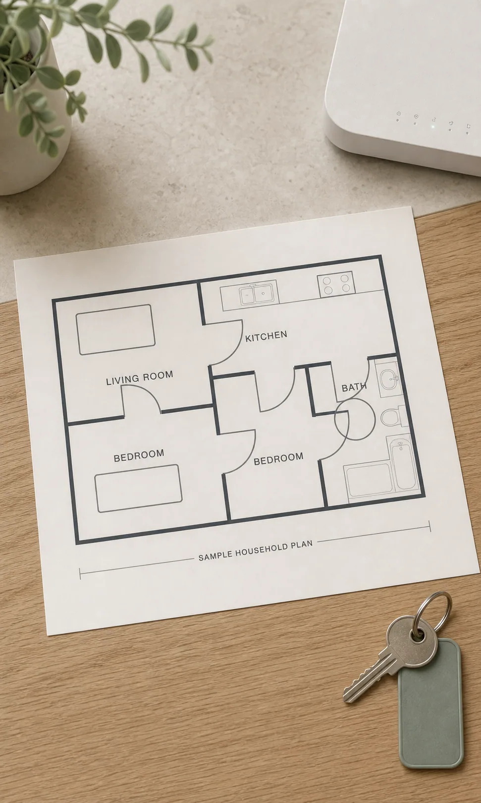 A clearly drawn household floor plan beside a slim folder and current phone on a pale table.