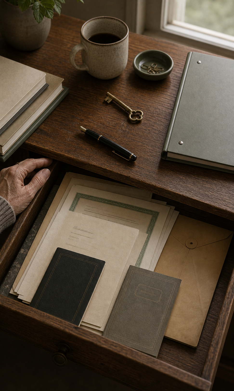 A small wooden drawer of original documents, a will, a deed, a passport, kept where someone could find them.