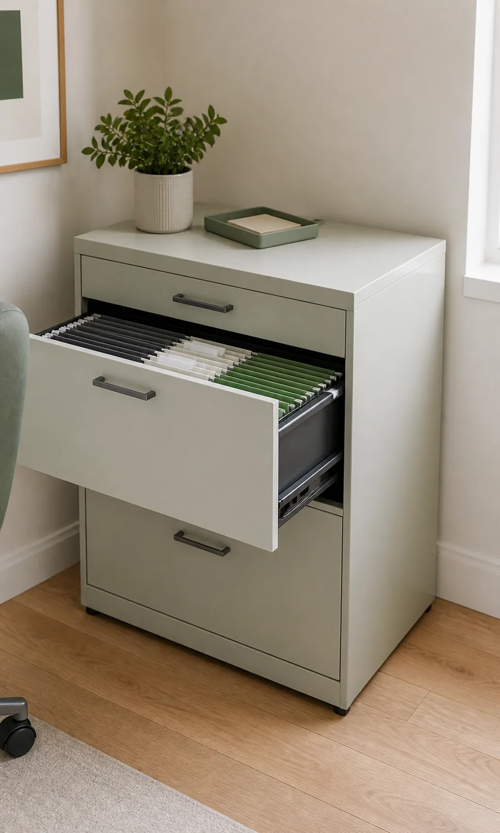 A practical three-drawer filing cabinet holding clearly organized important documents.