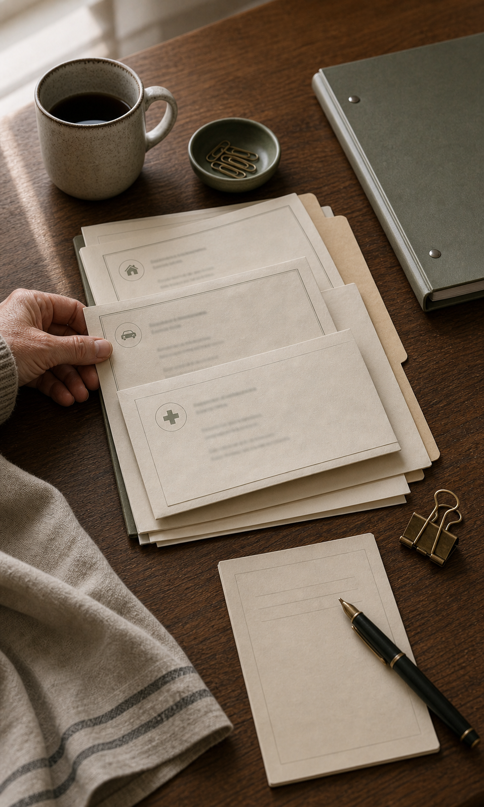 A folded insurance policy on a desk with a fountain pen and a small ring binder.