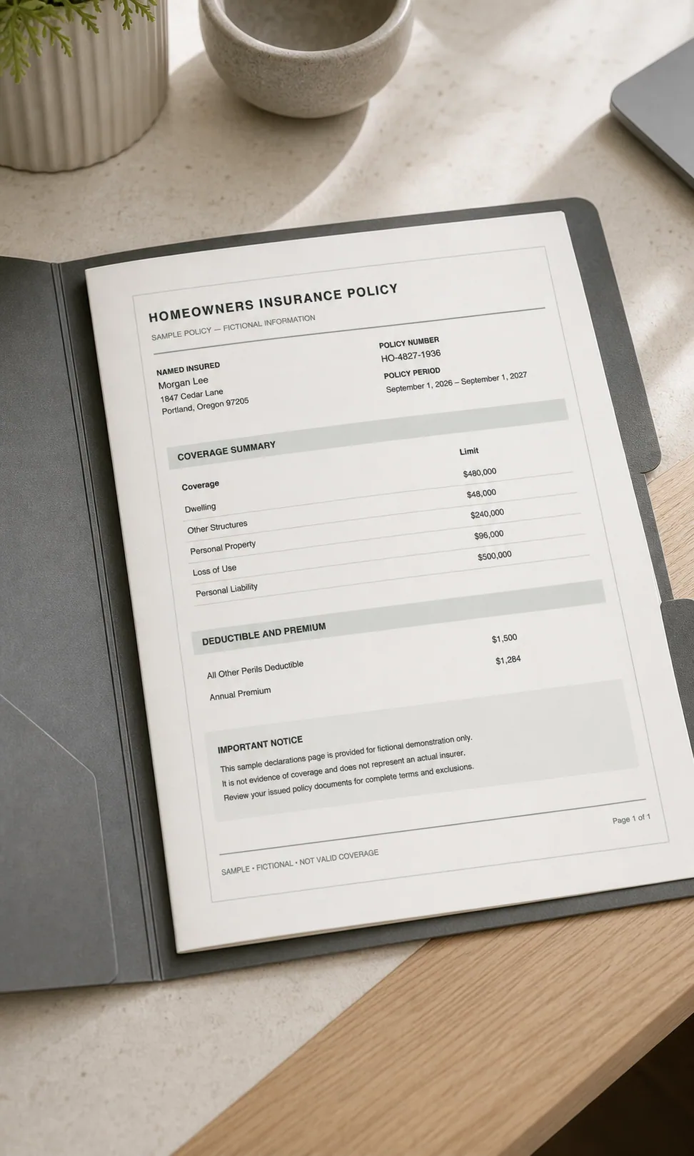 A realistic fictional insurance policy packet organized in a clean contemporary folder.