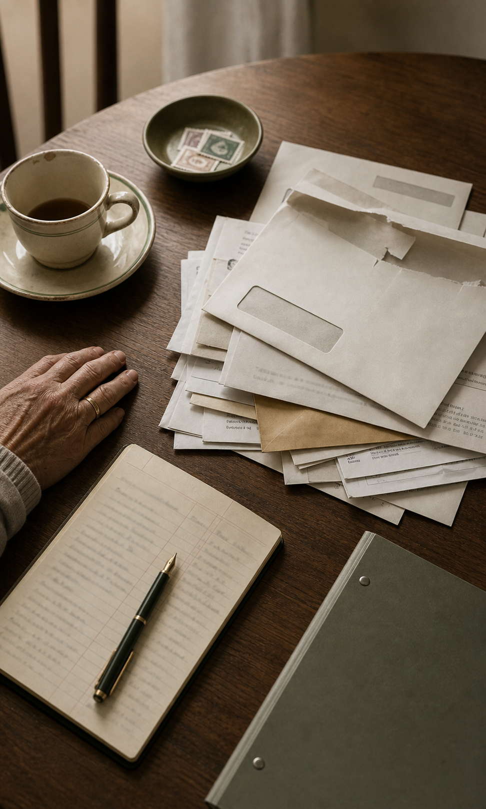 A small stack of paper bills and statements on a kitchen table, with a pen and a coffee mug. The monthly ledger.