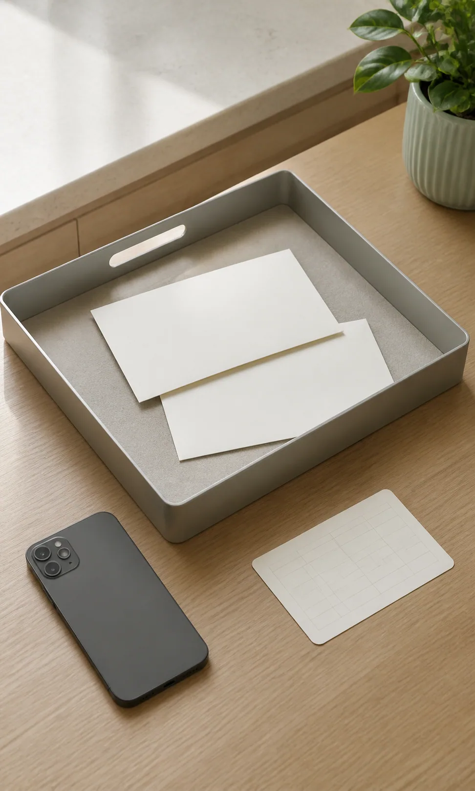 A shallow mail tray with clean review papers, a blank calendar card, and a face-down phone.