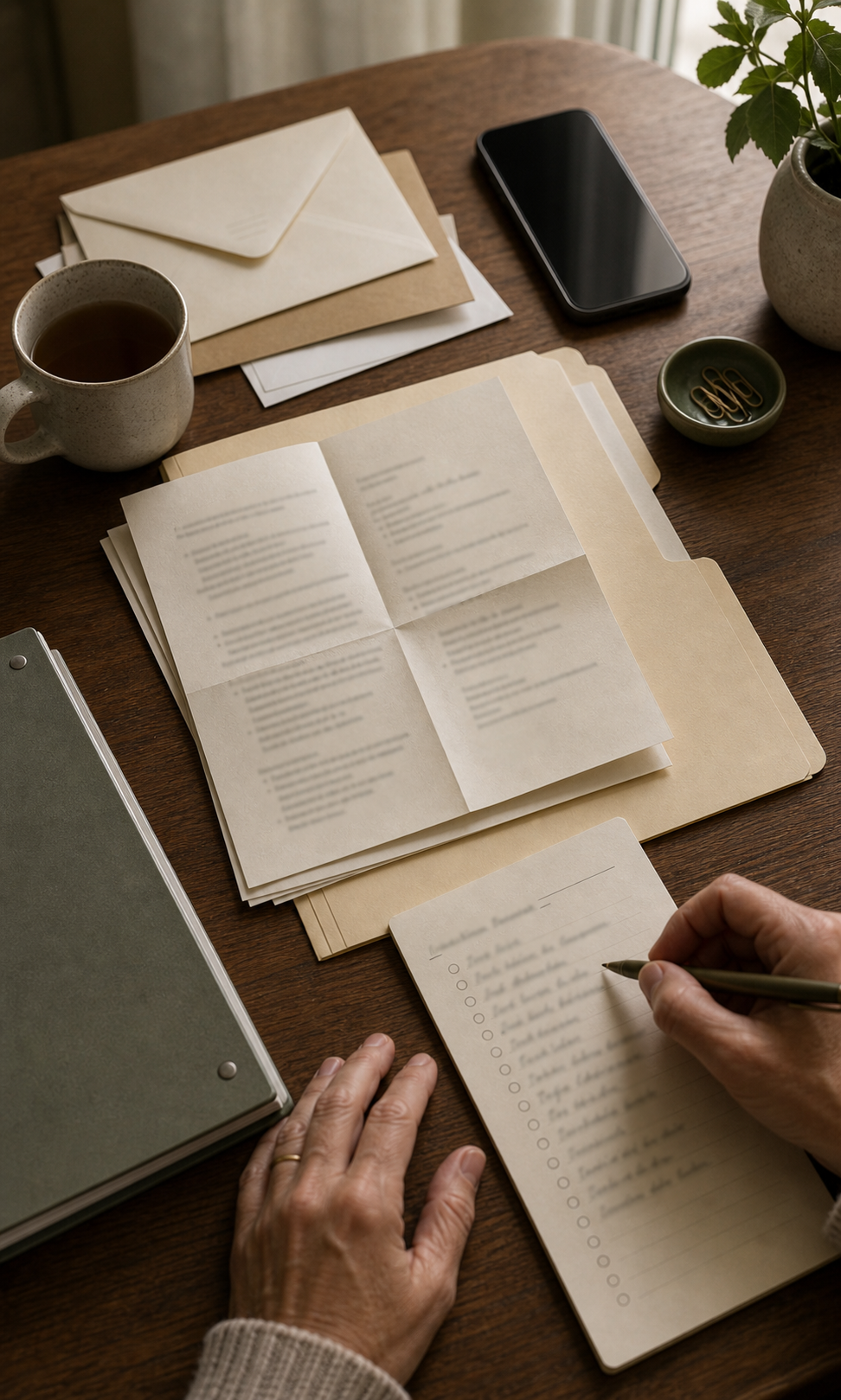 A wooden table laid with manila folders, an opened binder, an envelope, a face-down phone, and a hand writing a checklist next to a coffee mug.