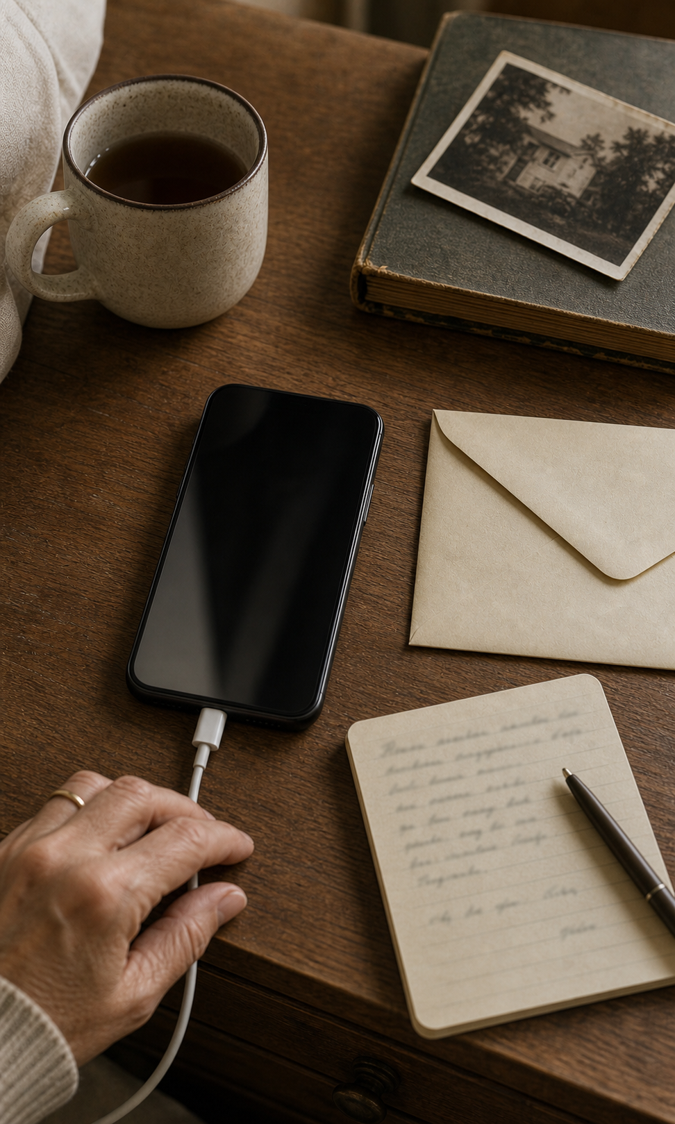 A phone face-up on a charger on a wooden desk, beside a handwritten letter, an envelope, an old framed photograph, and a coffee mug.