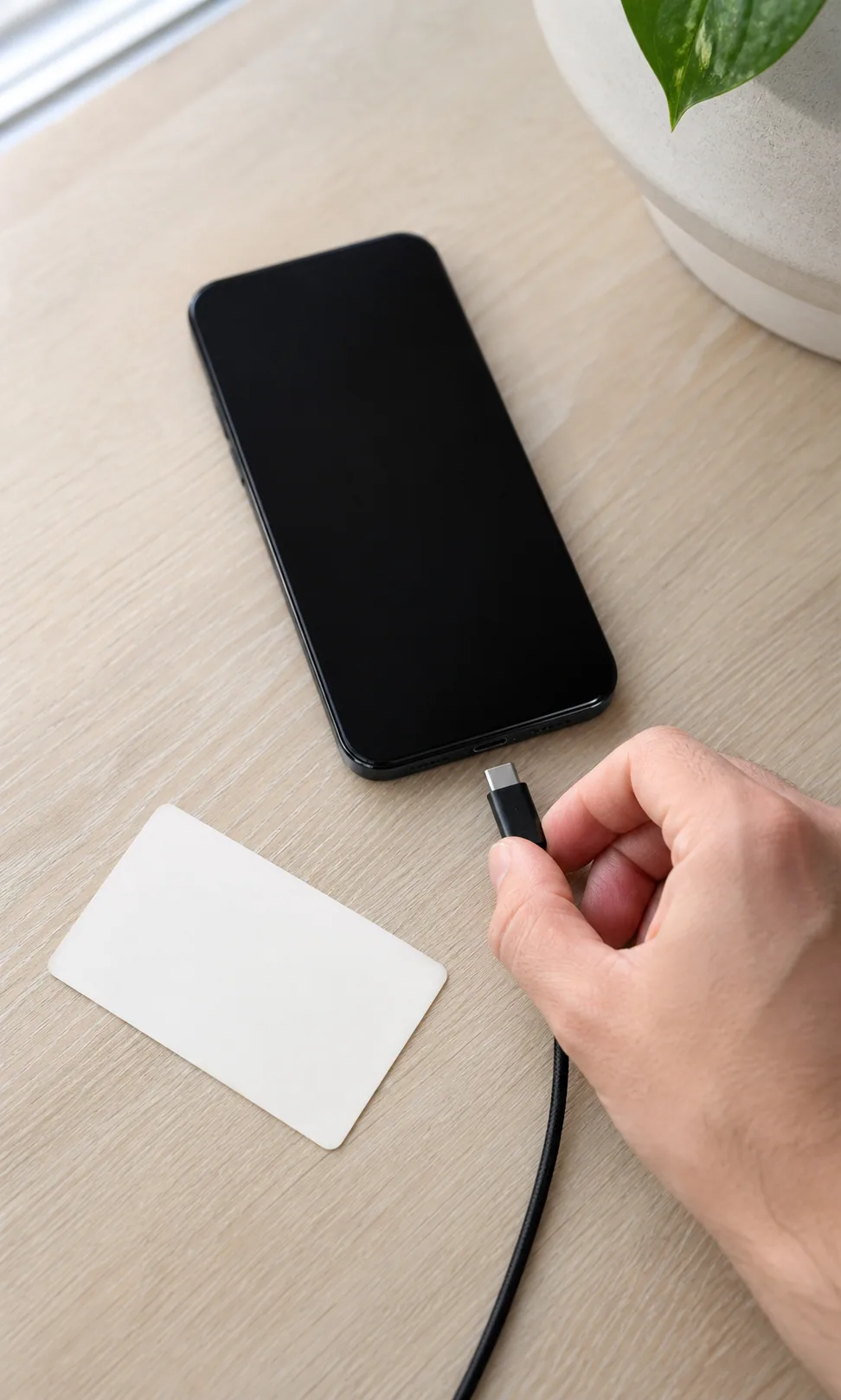 A cropped hand connecting a USB-C cable to a dark-screen phone beside a blank recovery card.
