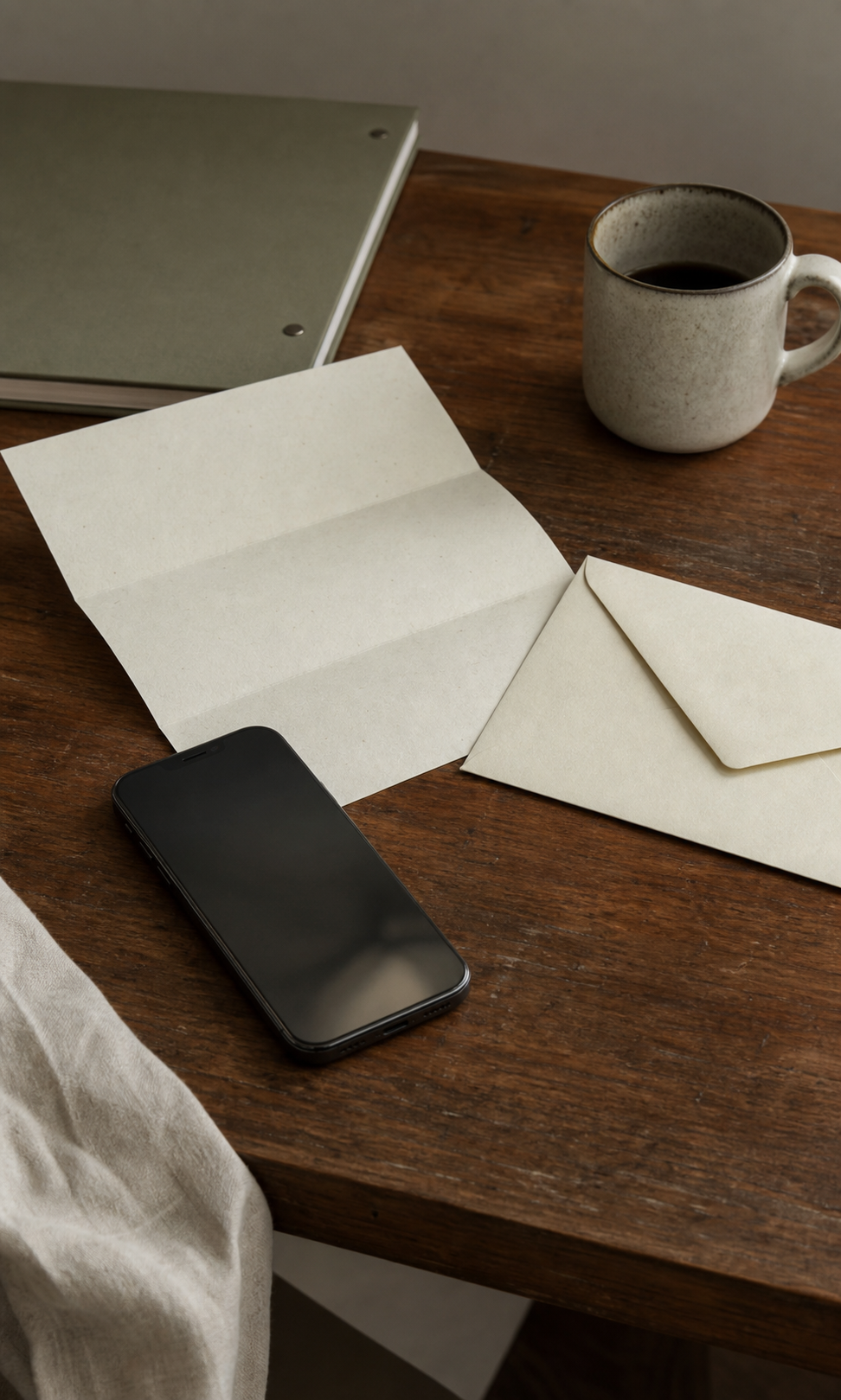 A phone resting on a kitchen table, open to a quiet link sent the morning after