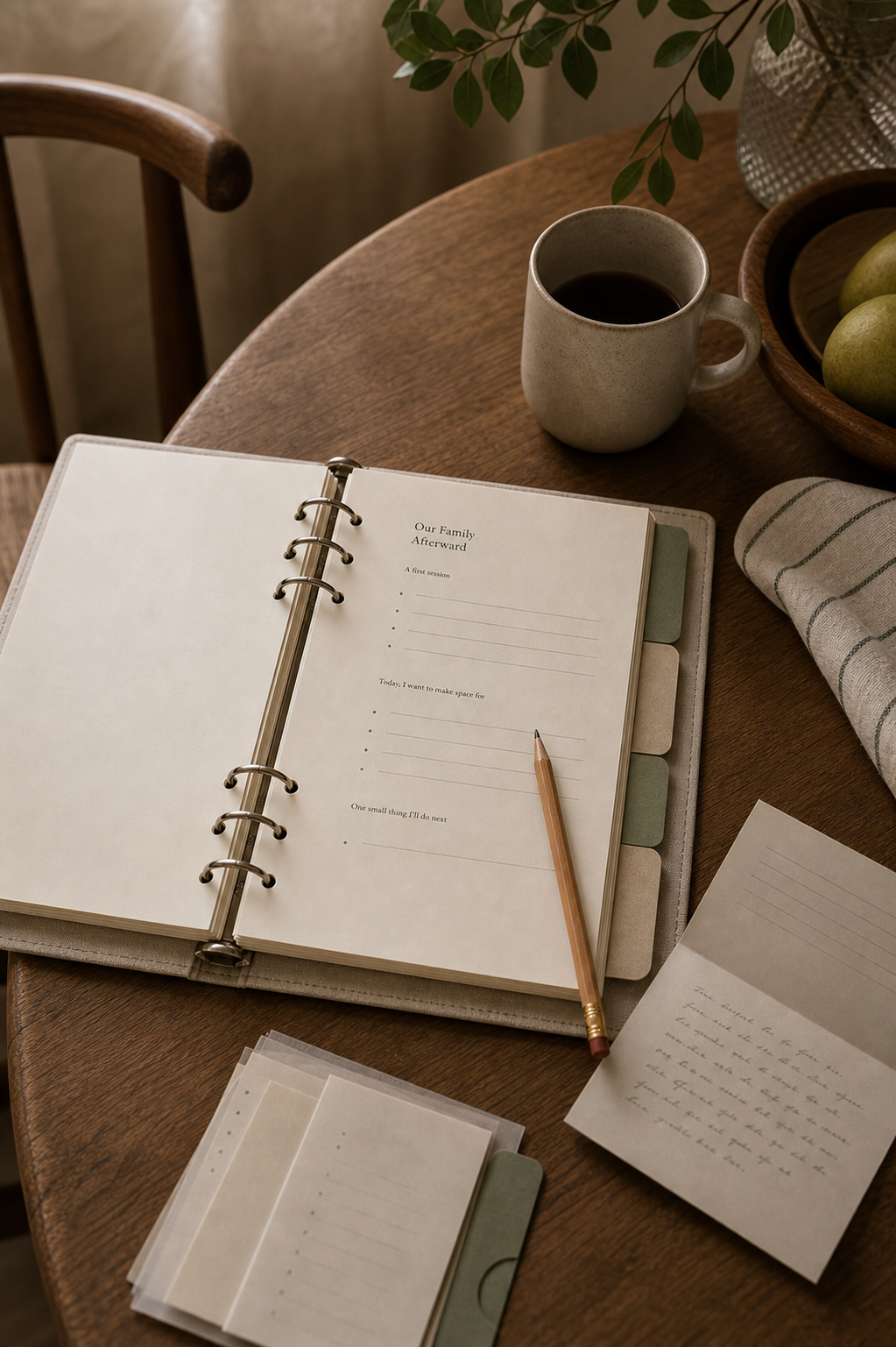 A kitchen table from above with an opened binder, a notebook, a pen, and a coffee cup at the start of the first session