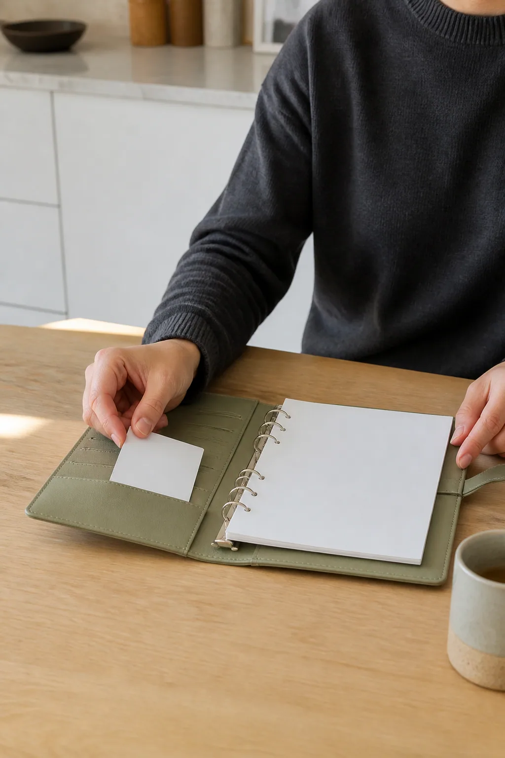 Cropped hands opening a slim sage binder to clean blank pages on a contemporary kitchen table.