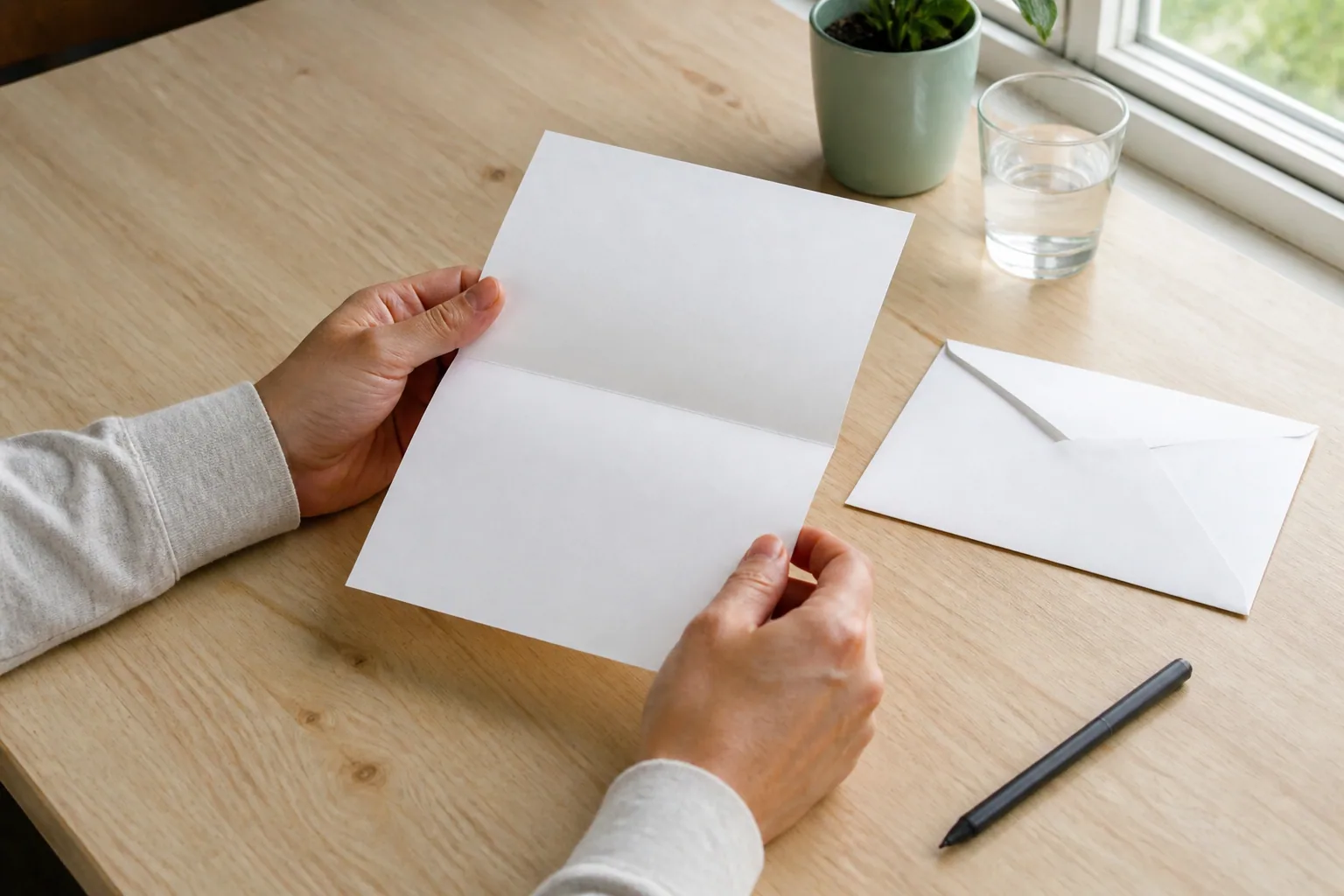 Two cropped hands holding a completely blank folded family letter above a pale oak table.