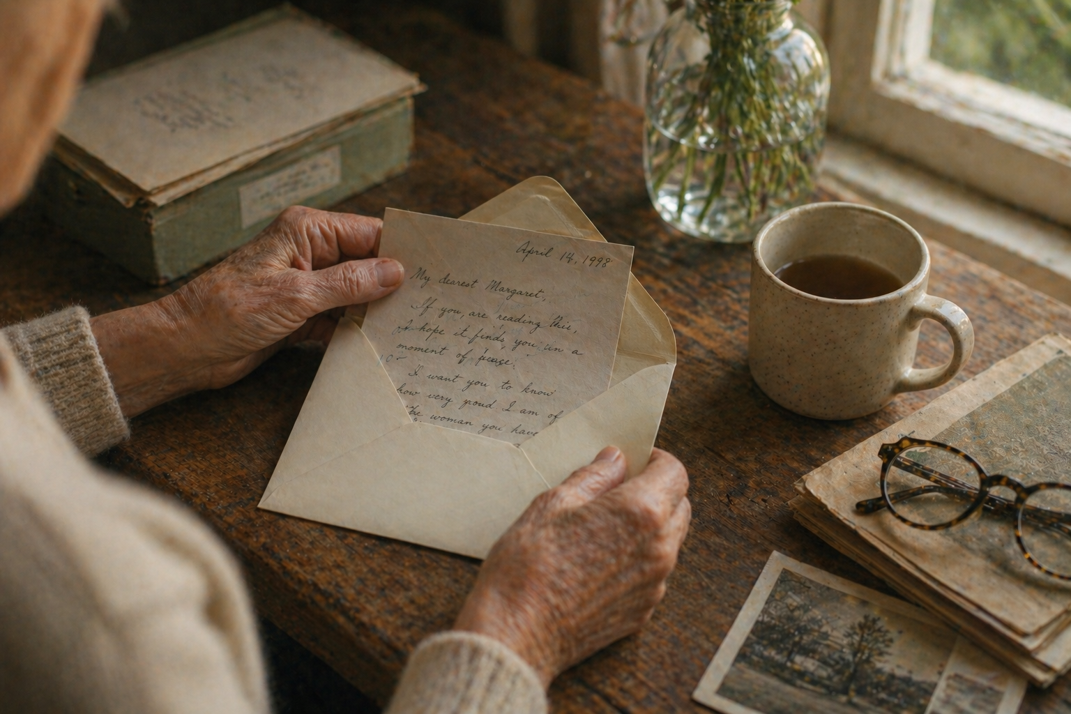 A handwritten letter held in both hands beside a soft window, with warm paper and quiet household light.