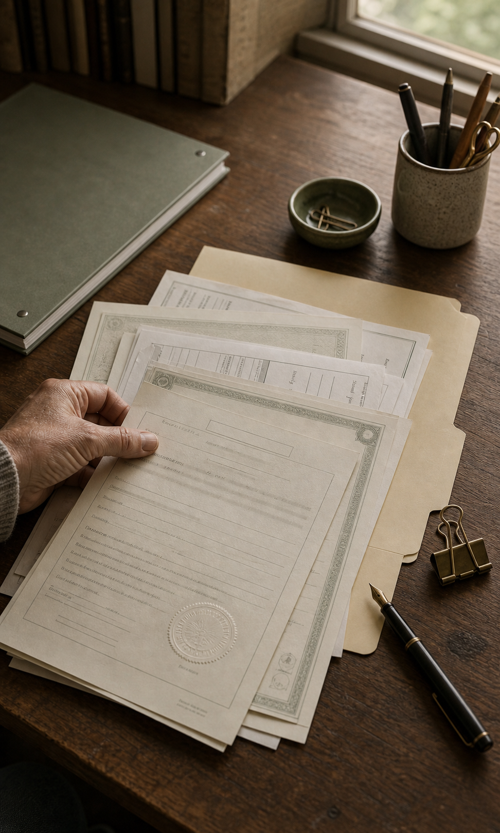 A stack of official records on a wooden desk, the visible certificate showing a raised gold seal, with a hand reaching toward it, beside a fountain pen and a binder clip.