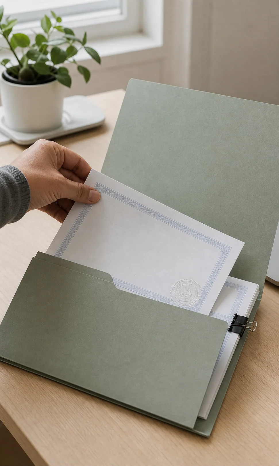 A cropped hand filing a blank certified-record sheet into a sage document folder.