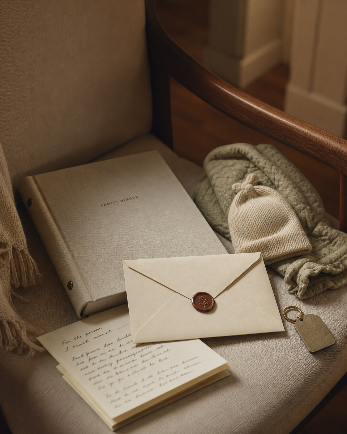 A small cream envelope with a rust wax seal resting beside a cream linen family binder, a baby's knit hat, and a folded handwritten letter on a chair