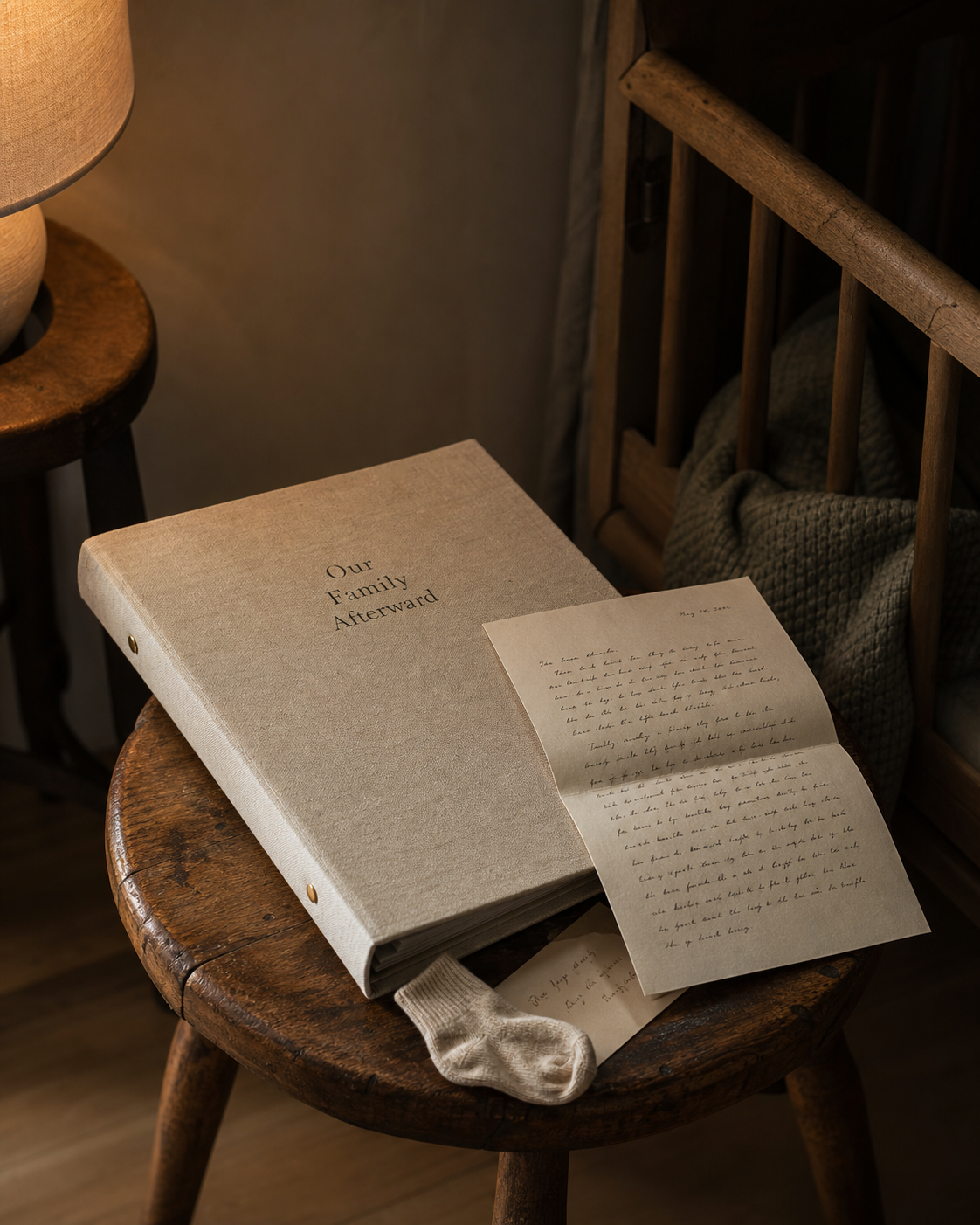 A slim cream linen family binder and a folded handwritten letter beside the edge of a crib, lit by warm lamp light