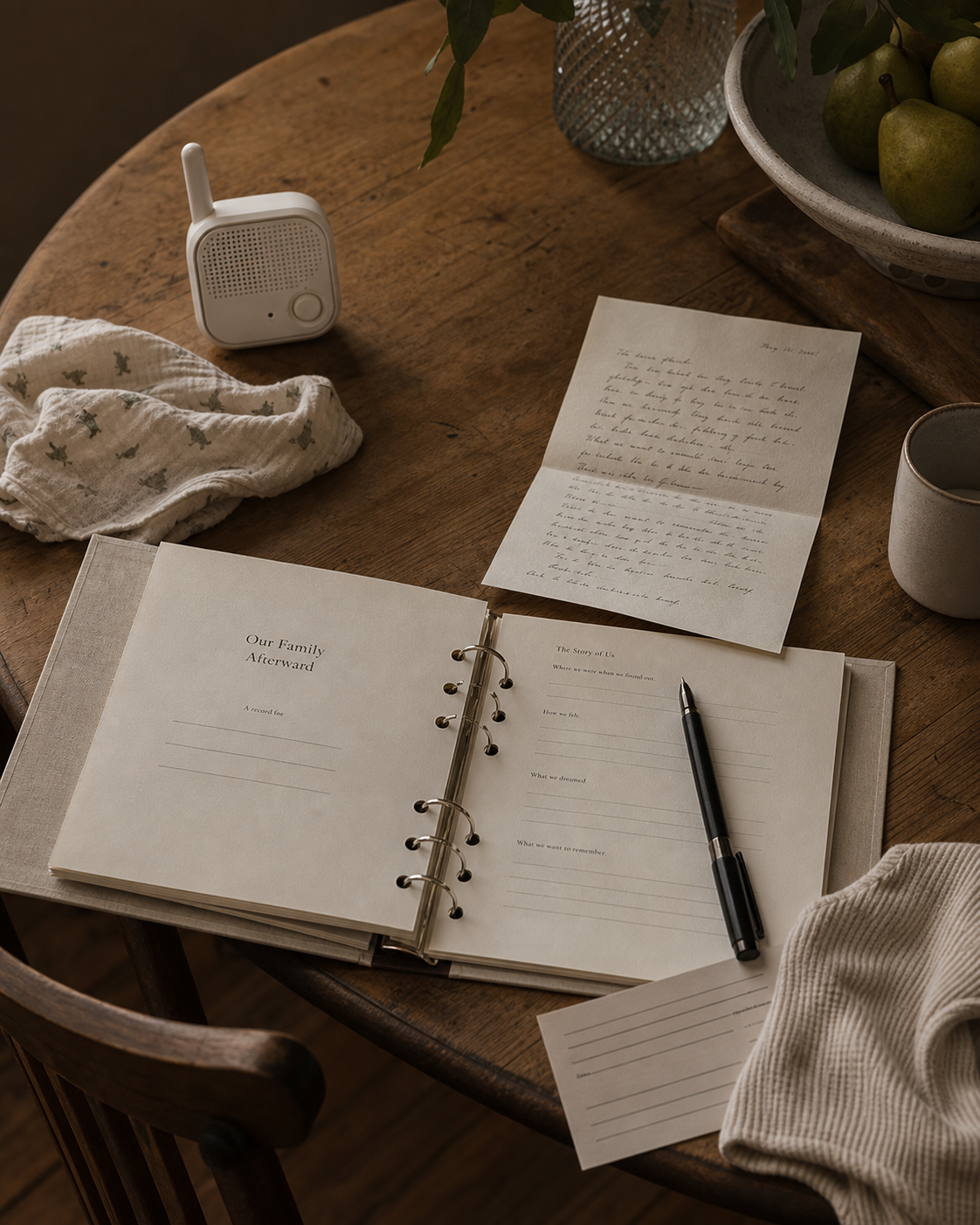 A kitchen table after the baby is asleep — an opened binder, a notebook, a mug, and a single low lamp