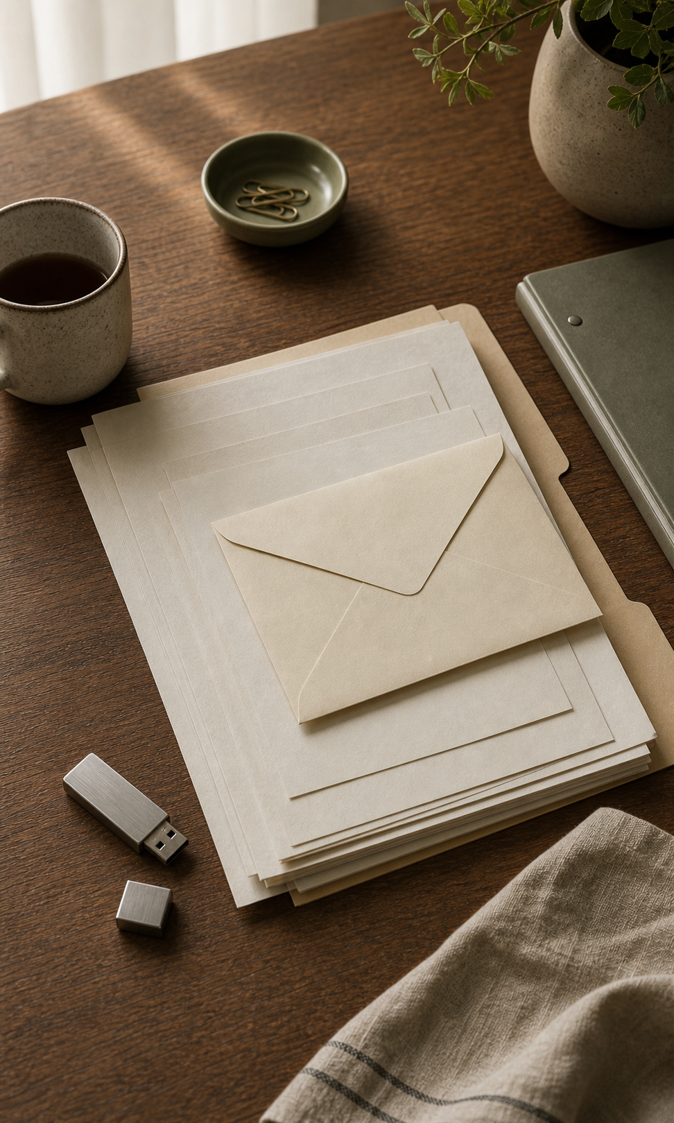 A small archival packet of papers tied with linen string beside a thumb drive on a desk, ready to be carried out