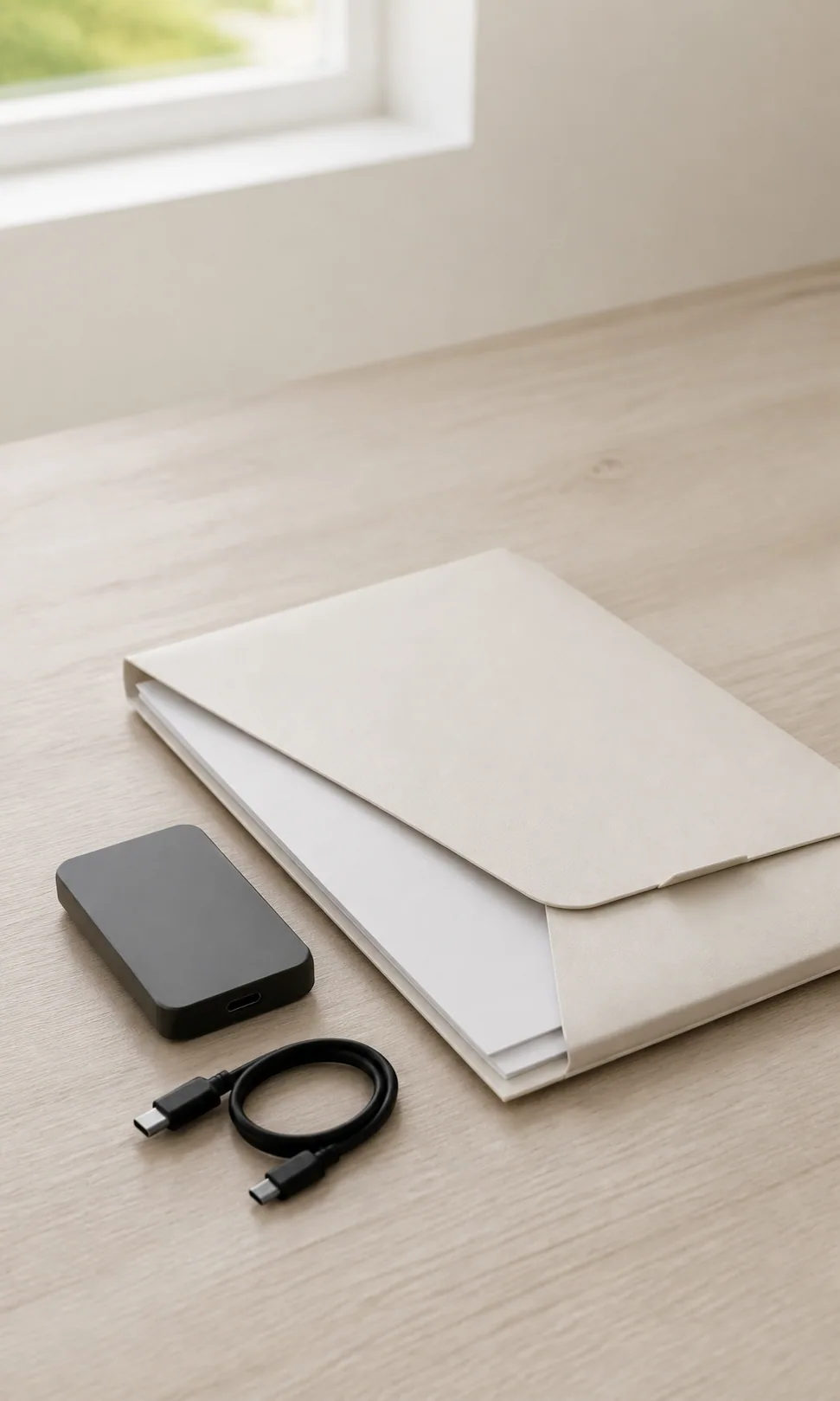 A current export packet, small drive, and clean blank pages organized on a pale household surface.
