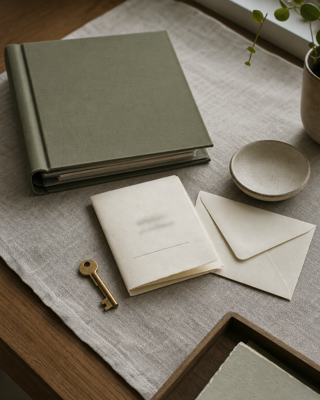 A small brass key resting quietly on a folded handwritten note, in cool natural light