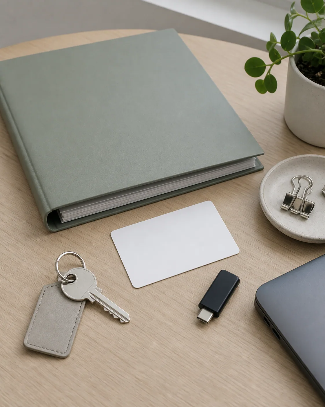 A modern house key and blank card arranged on a pale surface in cool natural daylight.
