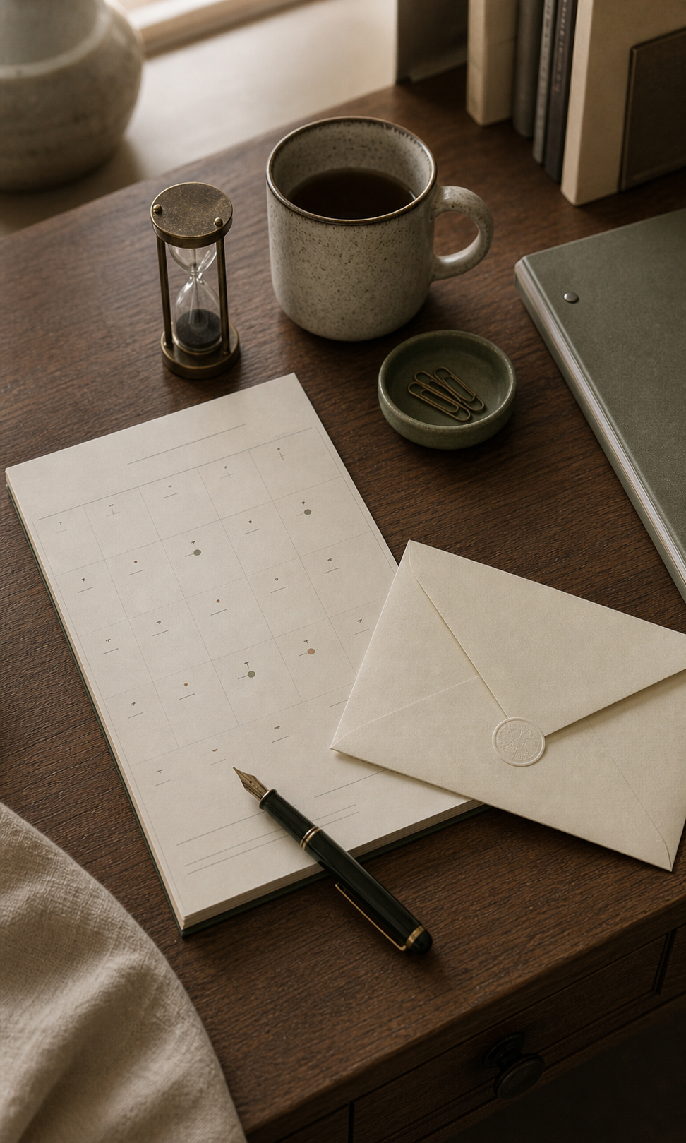 A paper calendar on a desk with a single quiet day marked, beside a sealed envelope