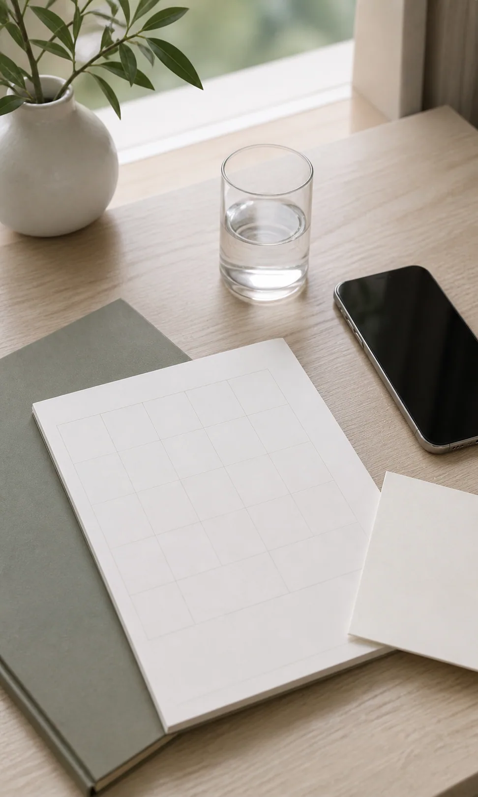 A clean paper calendar, blank card, and sealed household packet arranged in balanced daylight.
